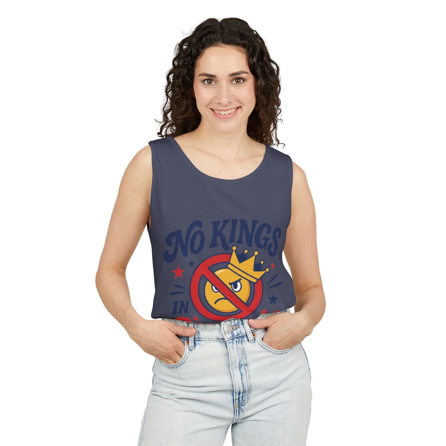No Kings in America Tank Top - Funny Patriotic Anti Monarchy Sleeveless Shirt - USA Freedom Top, Unisex Summer Apparel, USA Independence Day