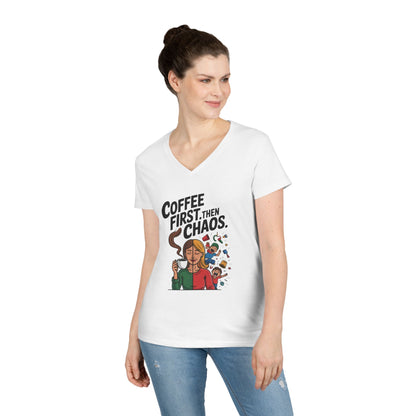 Coffee First Then Chaos V-Neck T-Shirt, Funny Mom Life Shirt, Mother's Day Gift, Mom Humor Tee, mom graphic tee, caffeine lover tee