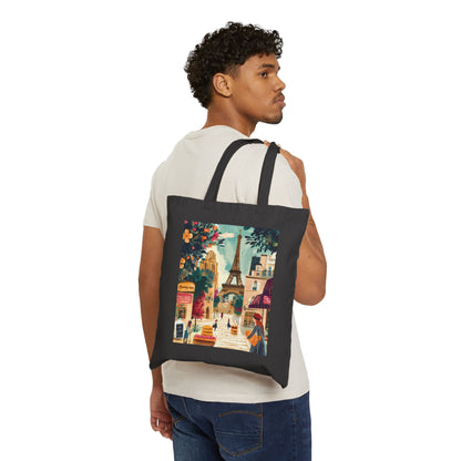 Parisian Scene Cotton Canvas Tote Bag, Eco-Friendly Shopping Tote, Travel Bag, Gift for Her, Fashionable Carryall