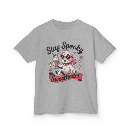 Girls Halloween Ghost T-Shirt, Stay Spooky Sweetheart Tee for Kids, Cute Retro Style Tween Girl Outfit Gift, Kids Heavy Cotton™ Tee