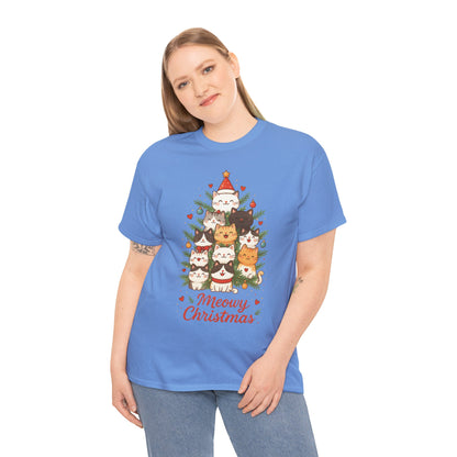 Women's Meowy Christmas Cat T-Shirt, Cute Holiday Kitty Tree Tee