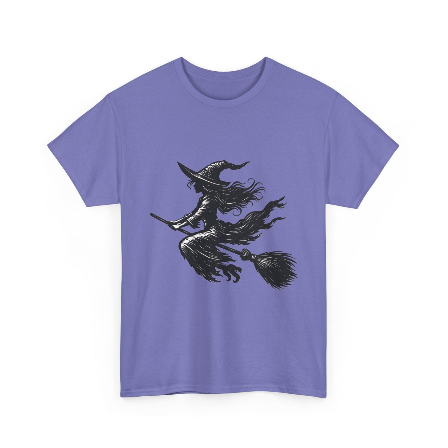 Flying Witch Silhouette Halloween T-Shirt for Women, Vintage Witch on Broom Tee, Spooky Gothic Fall Shirt, Minimal Black Witch Top