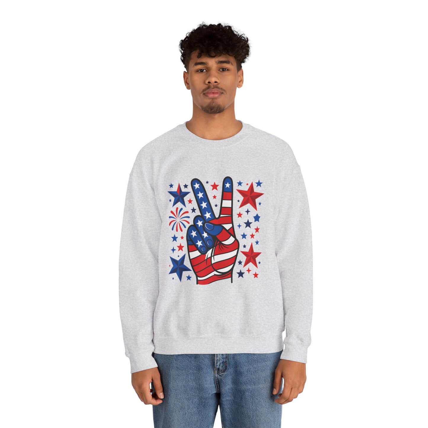 Patriotic Peace Crewneck Sweatshirt - Unisex Heavy Blend, 4th of July Clothing, Peace Sign Design, Casual Wear, Gift for Him/Her