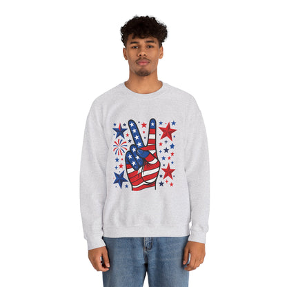 Patriotic Peace Crewneck Sweatshirt - Unisex Heavy Blend, 4th of July Clothing, Peace Sign Design, Casual Wear, Gift for Him/Her
