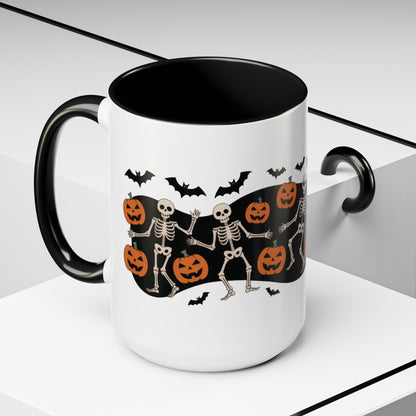 Dancing Skeletons Halloween Mug, Funny Spooky Pumpkin Coffee Cup, Cute Skeleton Dance Mug, Festive Fall Gift, Accent Coffee Mug (11, 15oz)