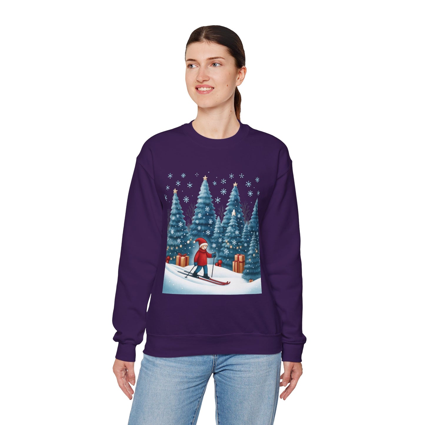 Womens Christmas Skiing Sweatshirt, Cozy Winter Holiday Pullover, Women's Heavy Blend™ Crewneck Sweatshirt