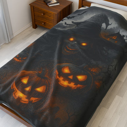 Witch and Pumpkins Halloween Velveteen Plush Blanket, Spooky Cozy Throw, Gothic Haunted House Decor, Horror Witch Gift