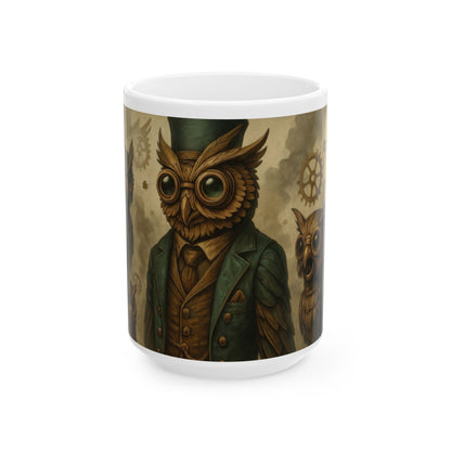 Steampunk Owl Mug, Victorian Mechanical Owl Coffee Cup, Brass Gear Owl Art, Industrial Fantasy Gift for Men & Steampunk Lovers, Mug, (15oz)