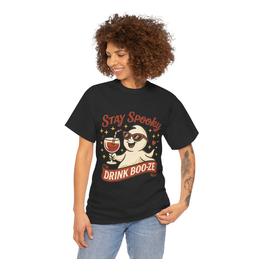 Stay Spooky Drink Boo-ze Women's T-Shirt, Funny Ghost Wine Halloween Party Graphic Tee