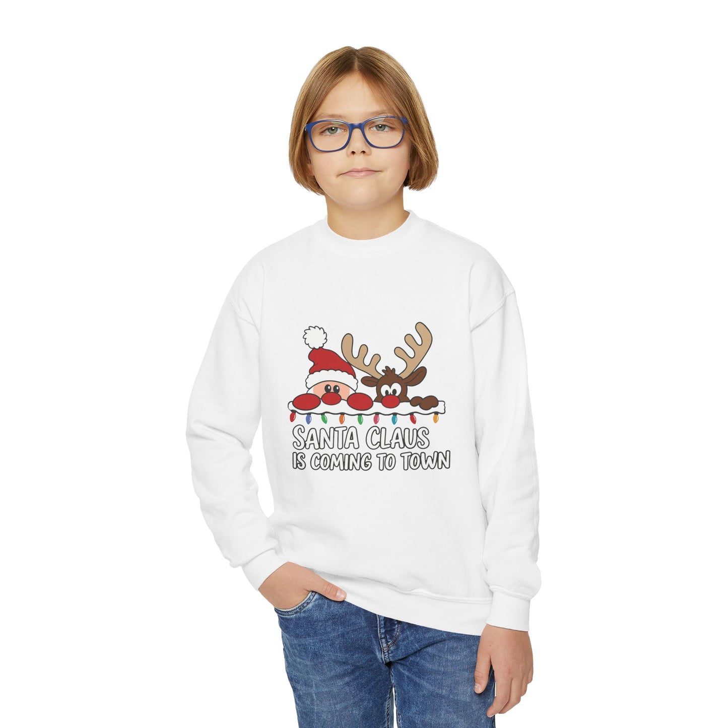 Santa Claus Is Coming to Town Kids Christmas Sweatshirt, Cute Santa - Reindeer Holiday Jumper