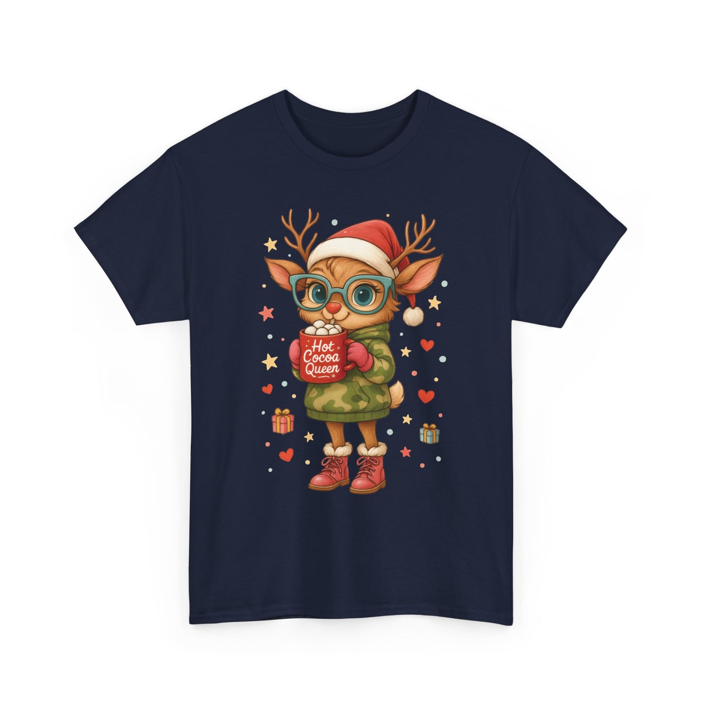 Hot Cocoa Queen Christmas T-Shirt, Cute Holiday Reindeer Tee for Women