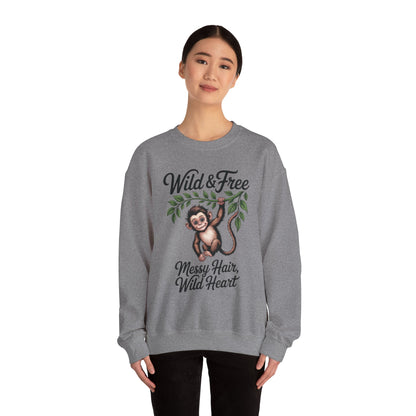 Wild & Free Monkey Sweatshirt, Messy Hair Wild Heart Womens Pullover, Cute Jungle Animal Sweater, Boho Adventure Graphic, Nature Lover Gift