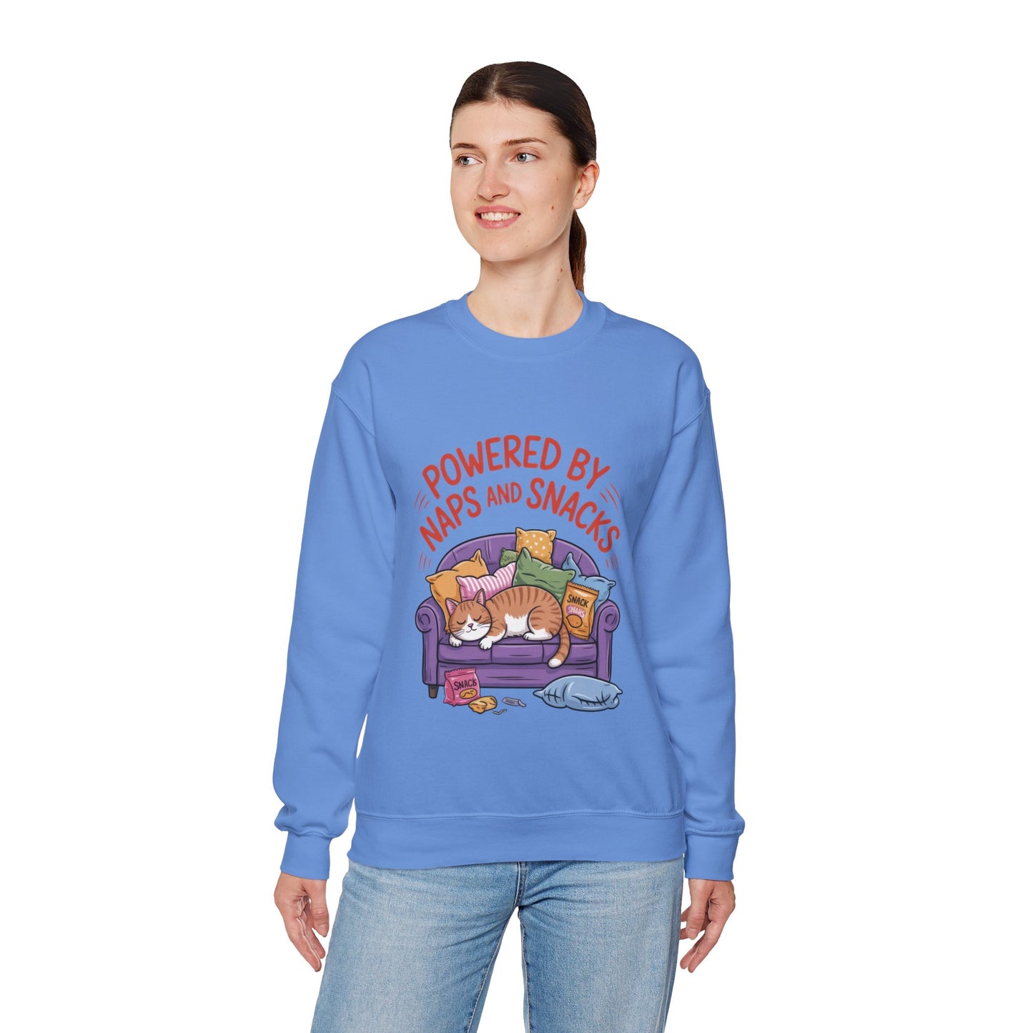 Powered by Naps and Snacks Sweatshirt, Cozy Lounge Crewneck, Gifts for Cat Lovers, Funny Cat Sweatshirt, Casual Everyday Wear
