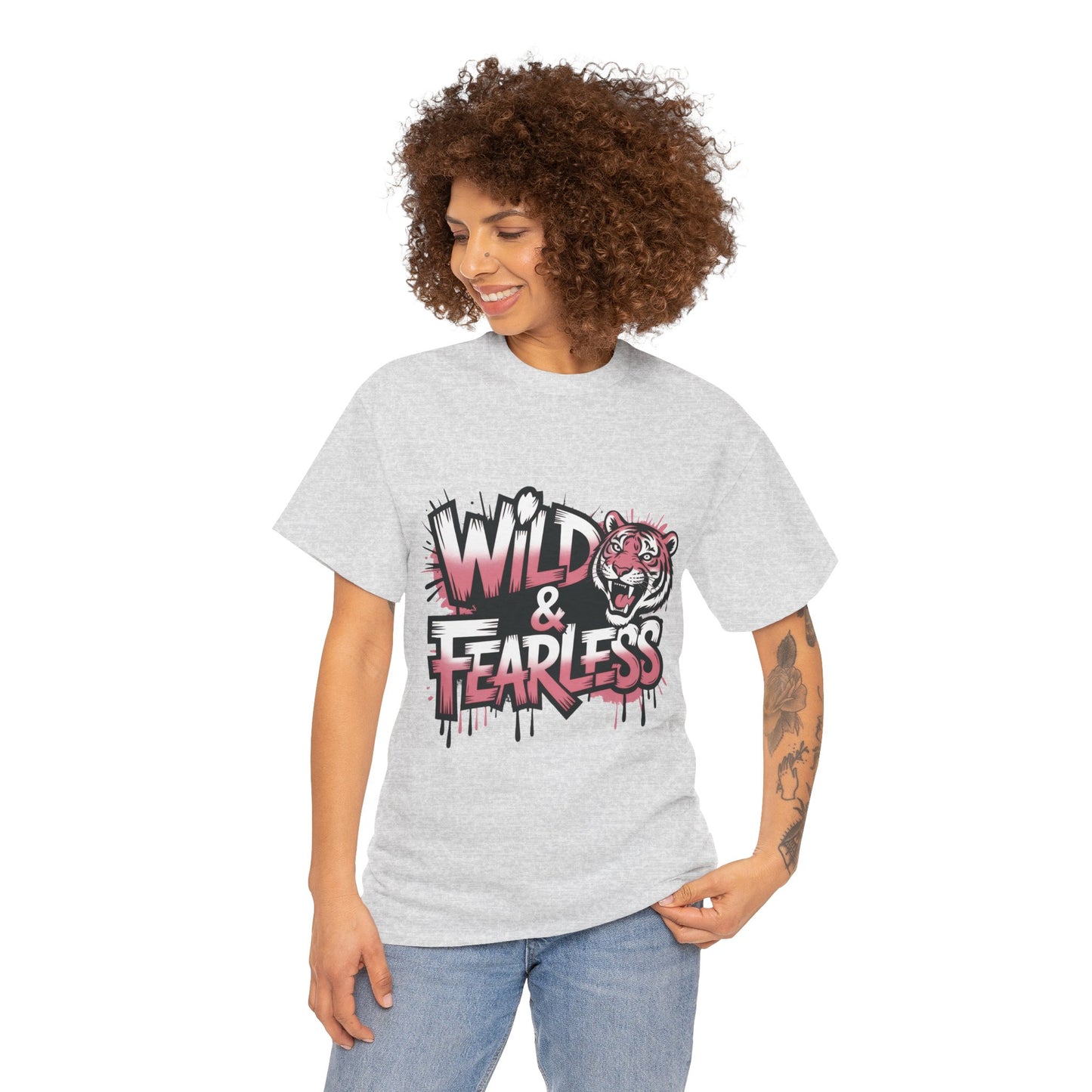 Womens Wild & Fearless T-Shirt, Tiger Graphic Graffiti Tee, Bold Urban Streetwear Top