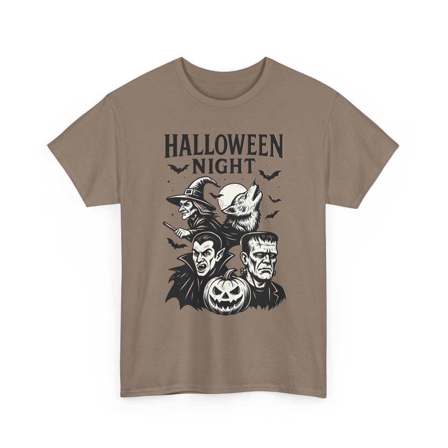 Halloween Night Men's T-Shirt, Classic Monsters Graphic Tee, Witch, Vampire, Frankenstein, Werewolf