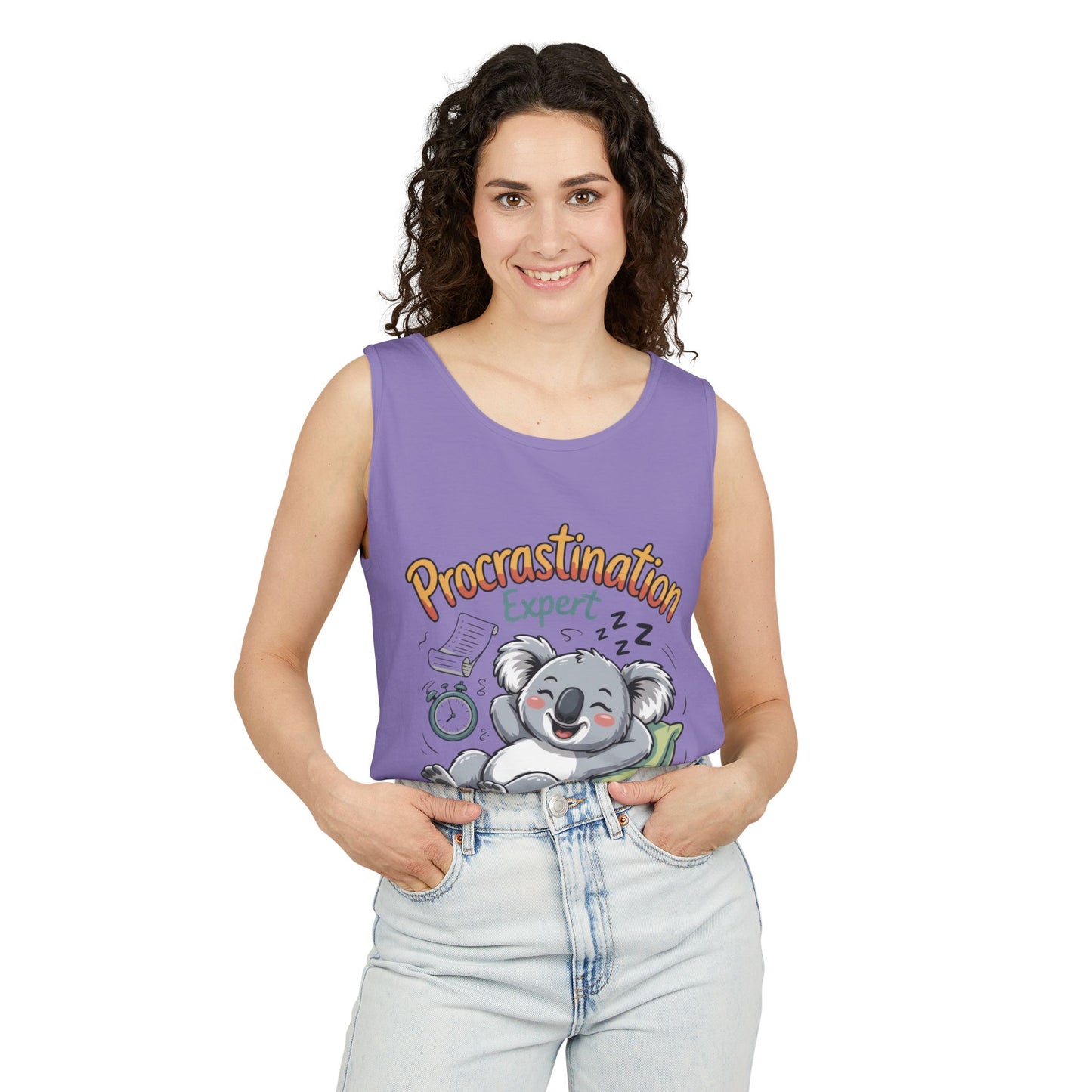 Procrastination Expert Womens Tank Top, Funny Gift for Lazy Days, Relaxed Fit Tee, Casual Summer Wear, Koala Graphic Top, Motivational Apparel