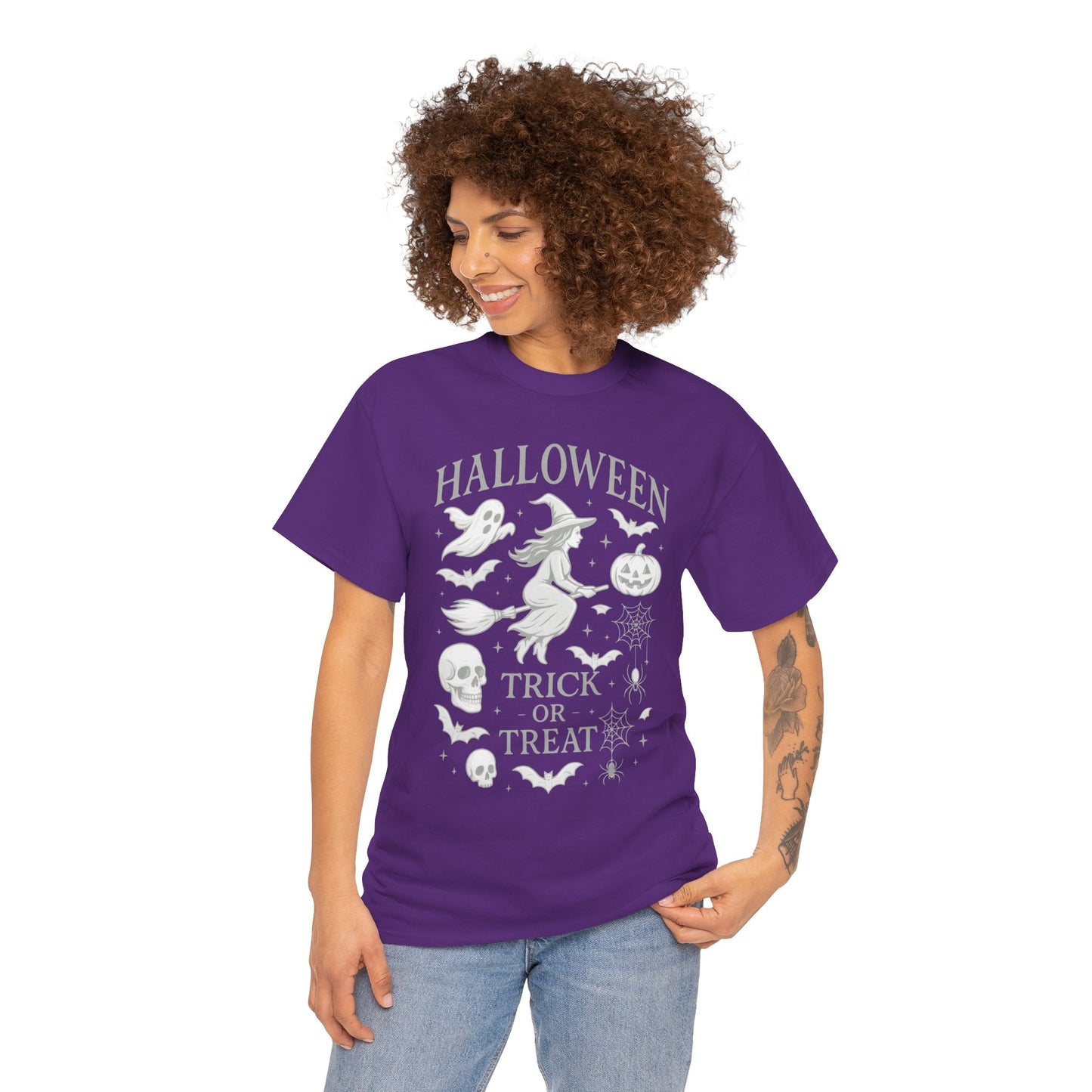 Halloween Witch Flying Broomstick T-Shirt, Trick or Treat Ghost Pumpkin Skull Spider Web Women's Tee