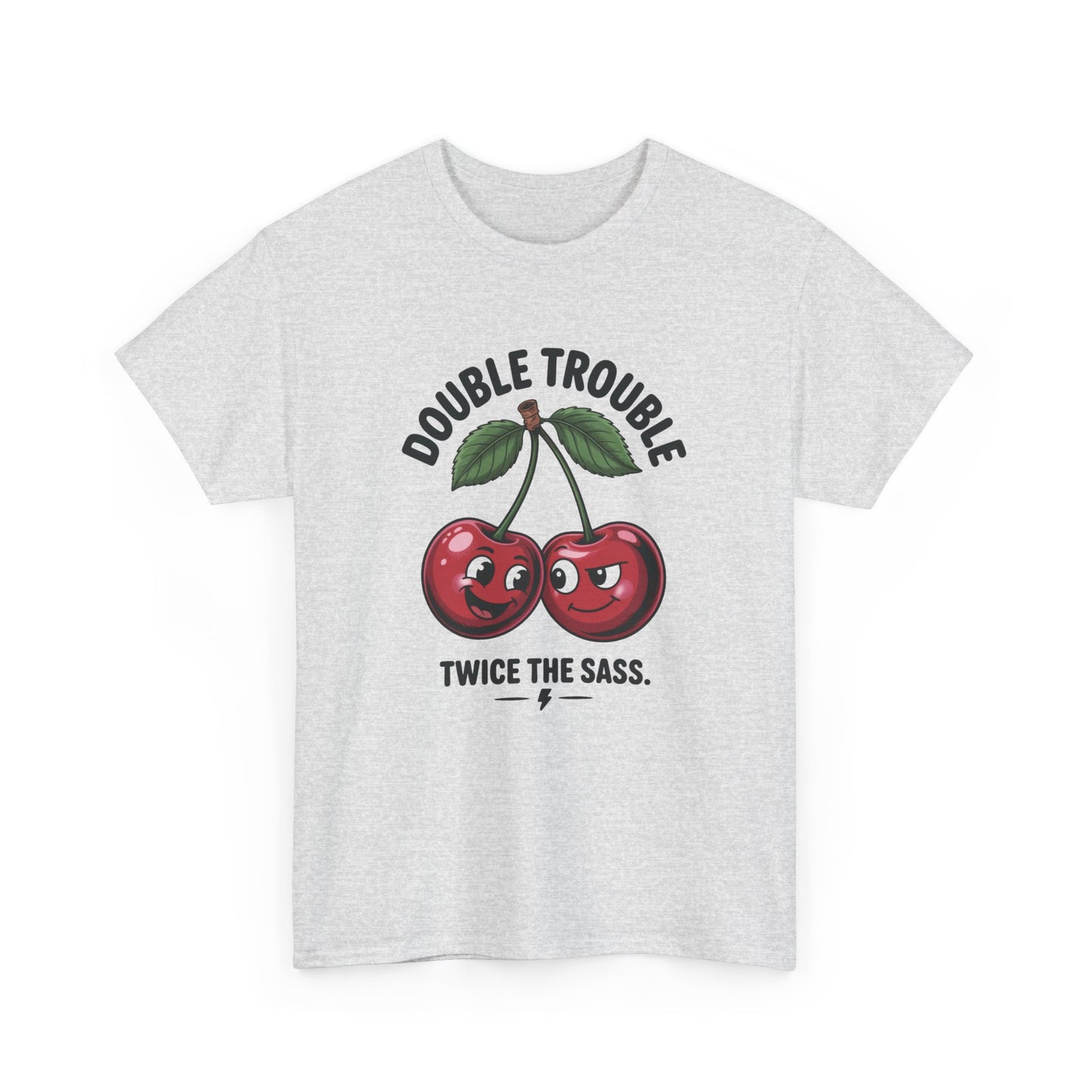 Double Trouble Cherry Graphic Tee, Funny Cute Womens T-Shirt, Twice the Sass Quote Shirt, Sassy Cherry Cartoon Gift