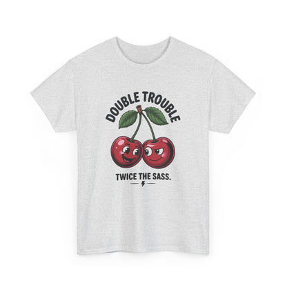 Double Trouble Cherry Graphic Tee, Funny Cute Womens T-Shirt, Twice the Sass Quote Shirt, Sassy Cherry Cartoon Gift