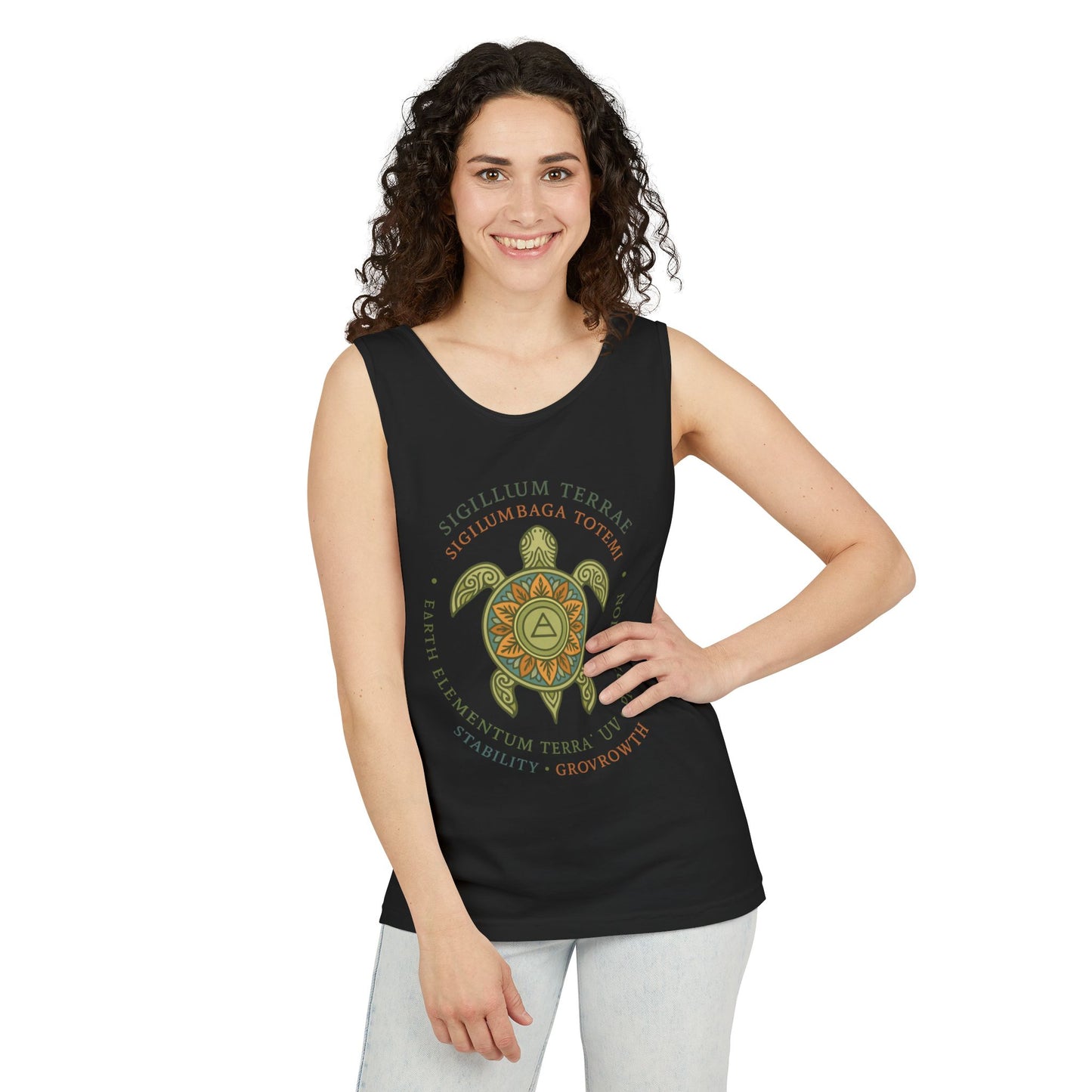 Earth Totem Turtle Womens Tank, Sigillum Terrae Symbol, Elemental Growth Tee, Nature-Inspired Tank Top with Protective Symbol, , Beachwear