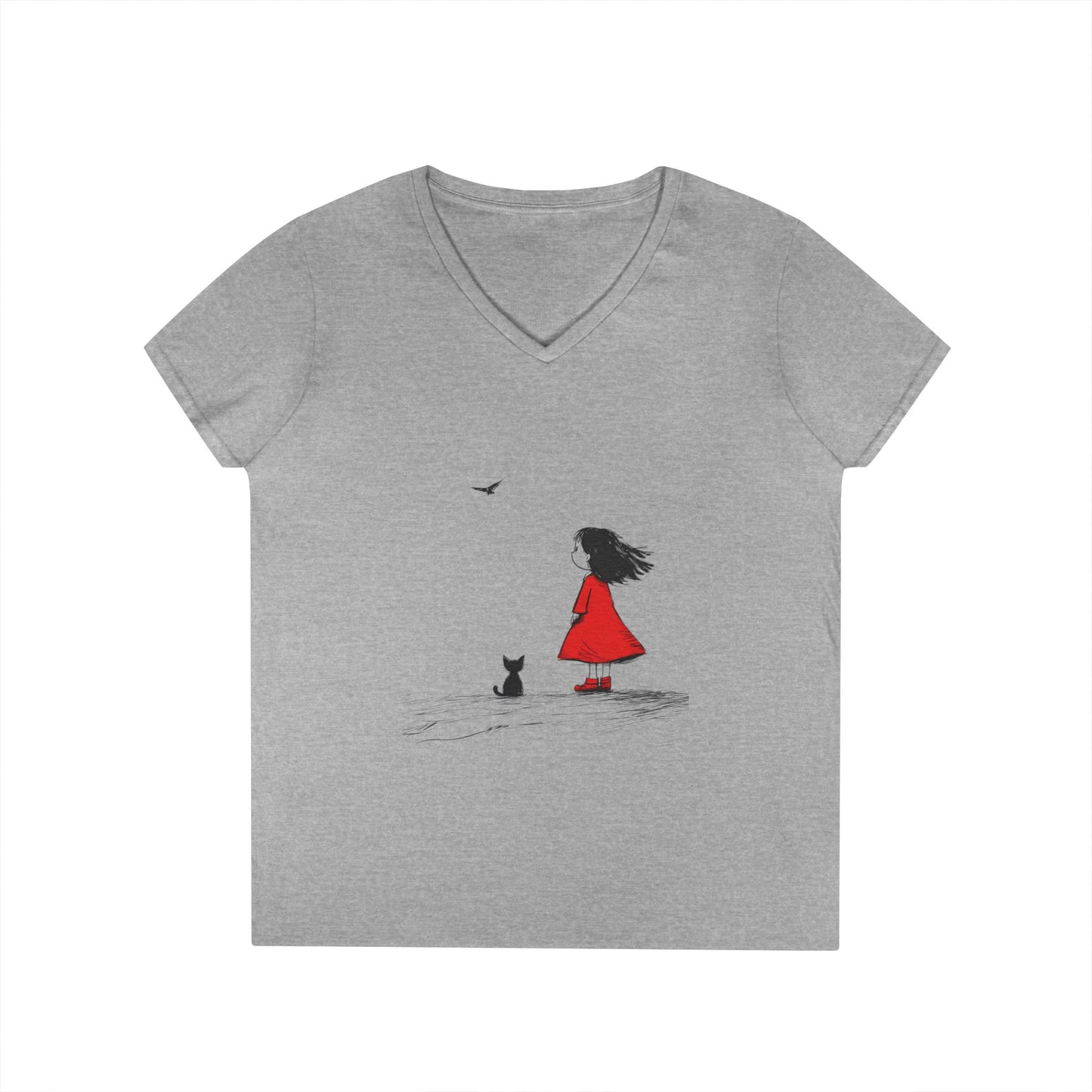 Whimsical V-Neck T-Shirt for Dreamers, Cute Graphic Tee, Animal Lovers Shirt, Stylish Casual Wear, Gifts for Her, Cat Lover T-Shirt