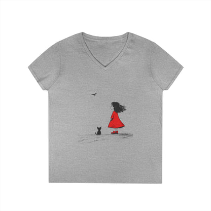 Whimsical V-Neck T-Shirt for Dreamers, Cute Graphic Tee, Animal Lovers Shirt, Stylish Casual Wear, Gifts for Her, Cat Lover T-Shirt