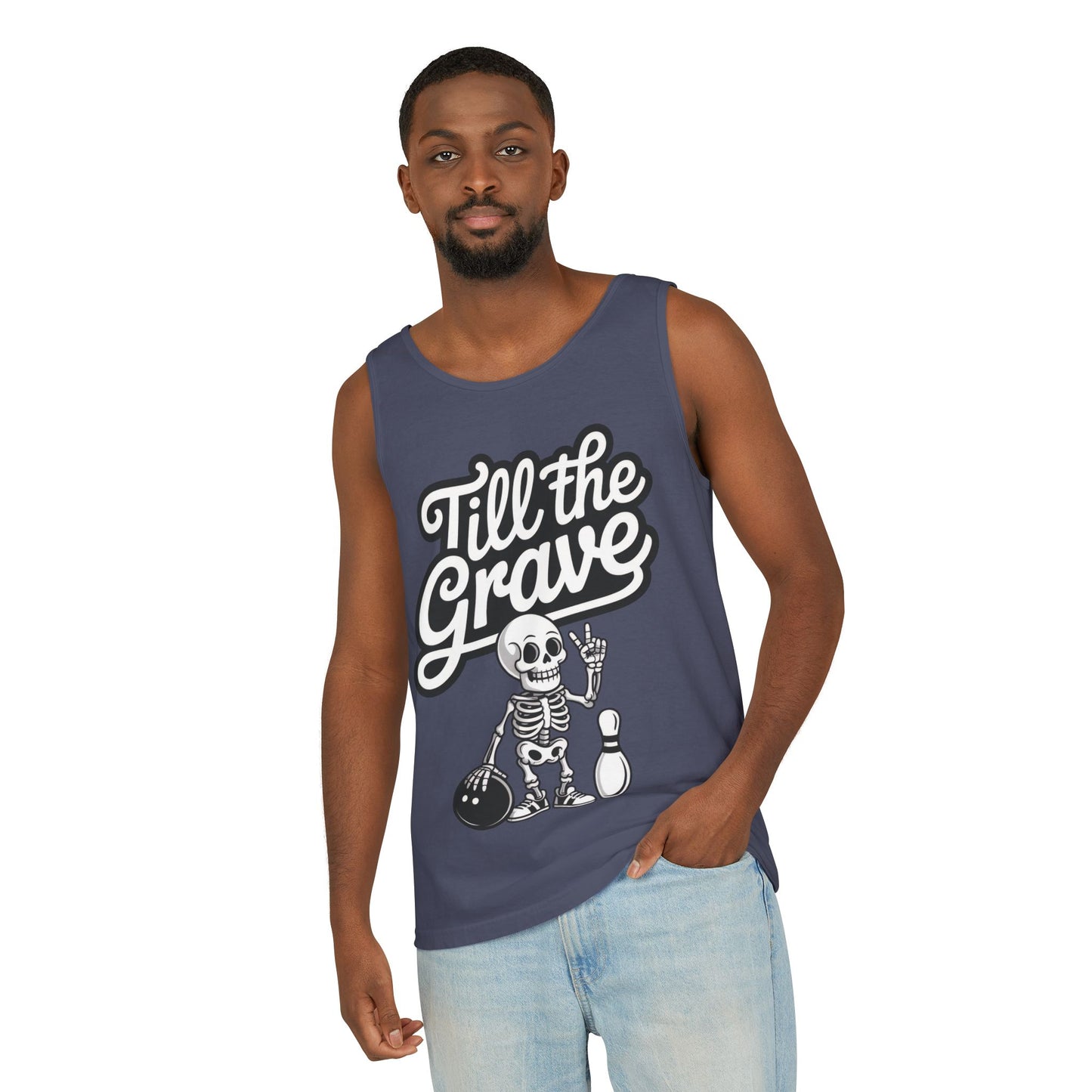 Funny Skeleton Bowling Tank Top, Halloween Apparel, Casual Summer Style, Cool Bowler Skull Workout Top, Strike Till the End
