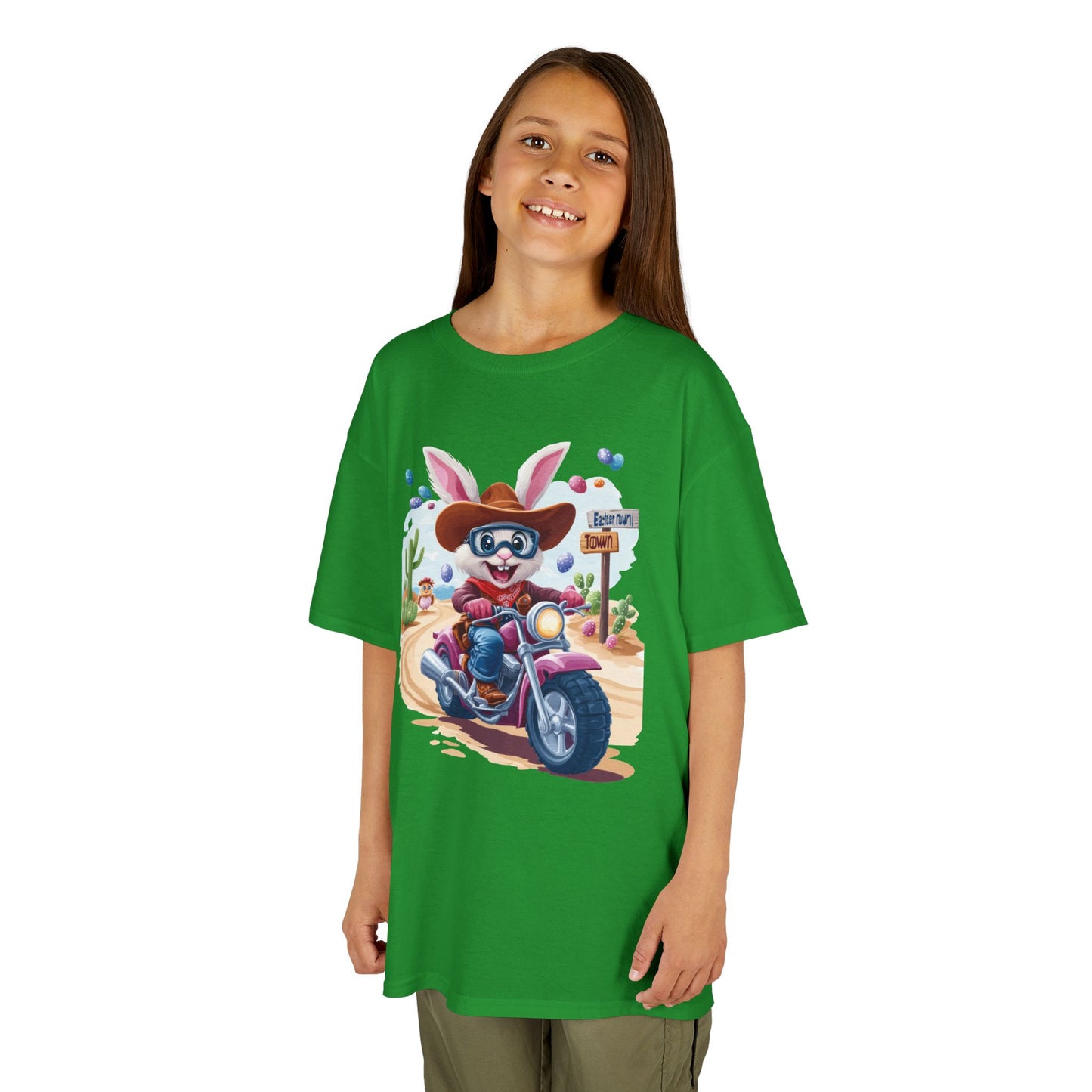 Biker Bunny Kids Tee - Fun Easter Shirt for Boys & Girls, Cute Spring Outfit with Motorcycle Rabbit Heavy Cotton Toddler T-Shirt Bunny Rider