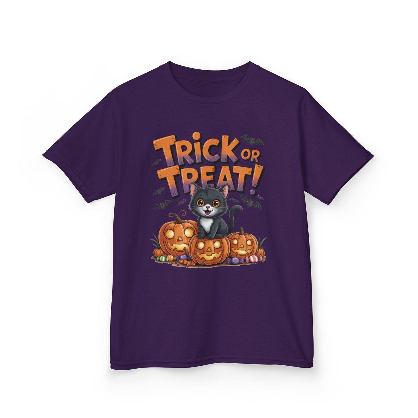 Girls Cute Black Cat Trick or Treat Halloween T-Shirt, Funny Pumpkin Cat Tee, Spooky Fall Shirt for Kids, Matching Family Halloween Shirts