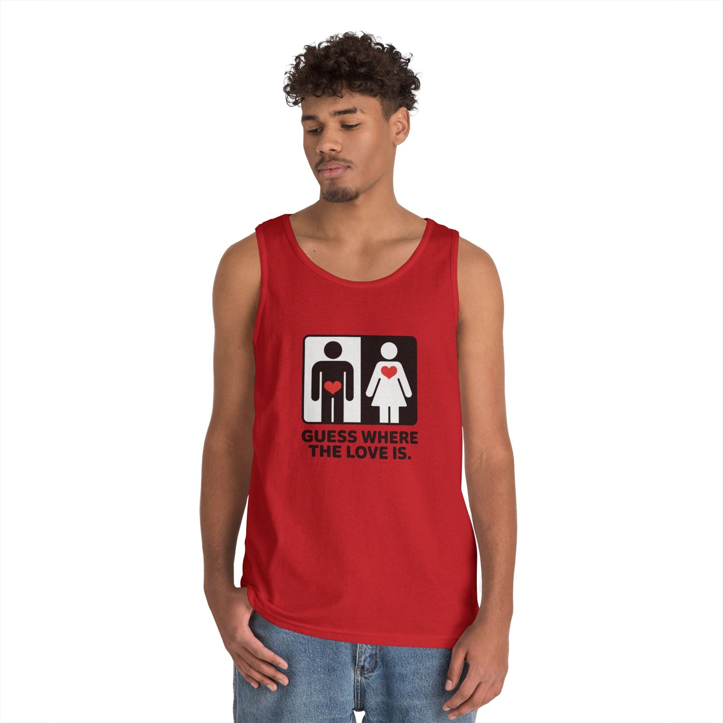Cute Guess Where The Love Is Mens Tank, Couples Gift, Valentines Day Gift, Relationship Humor Shirt, Funny Tank for Him, Bold Love Joke Tank