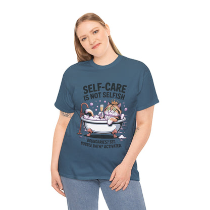 Womens Heavy Cotton Tee, Self-Care Cat Shirt, Funny Cat Bubble Bath Tee, Relaxing Kitty Graphic, Self Care Is Not Selfish Womens T-Shirt