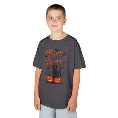 Cute Trick or Treat Black Cat T-Shirt for Girls Boys, Fun Spooky Halloween Tee, Pumpkin Cat Shirt for Kids, Fall Party Outfit