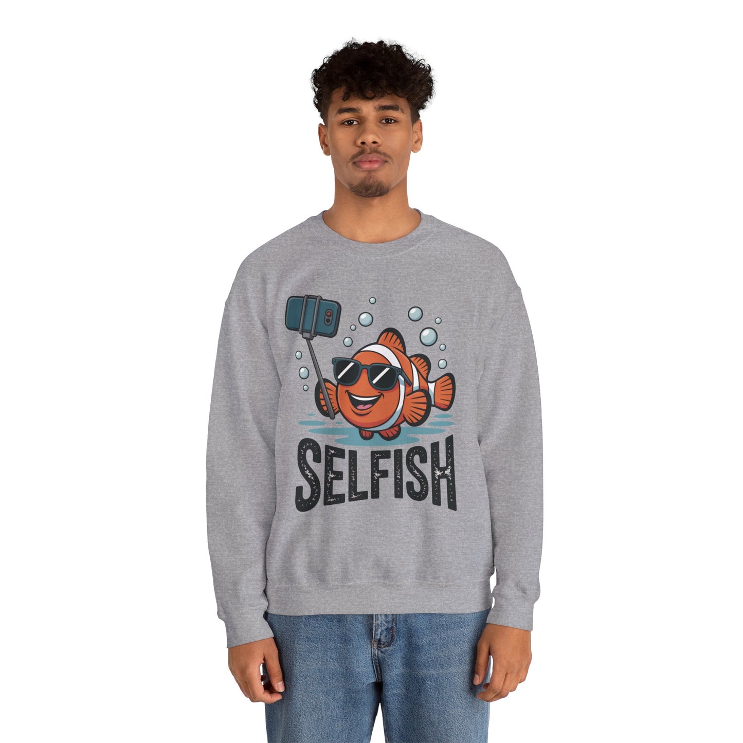 Unisex Heavy Blend™ Crewneck Sweatshirt, Mens Selfish Funny Fish Sweatshirt, Cute Selfie Pullover, Ocean Humor Top