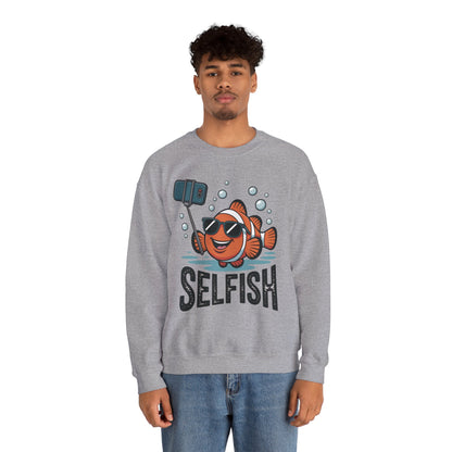 Unisex Heavy Blend™ Crewneck Sweatshirt, Mens Selfish Funny Fish Sweatshirt, Cute Selfie Pullover, Ocean Humor Top