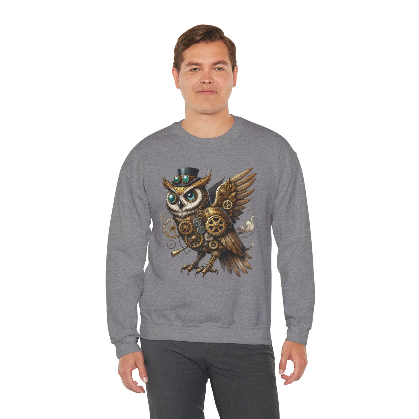 Steampunk Owl Unisex Crewneck Sweatshirt, Vintage Mechanical Gears Fantasy Bird Graphic Pullover, Gift for Owl Lovers