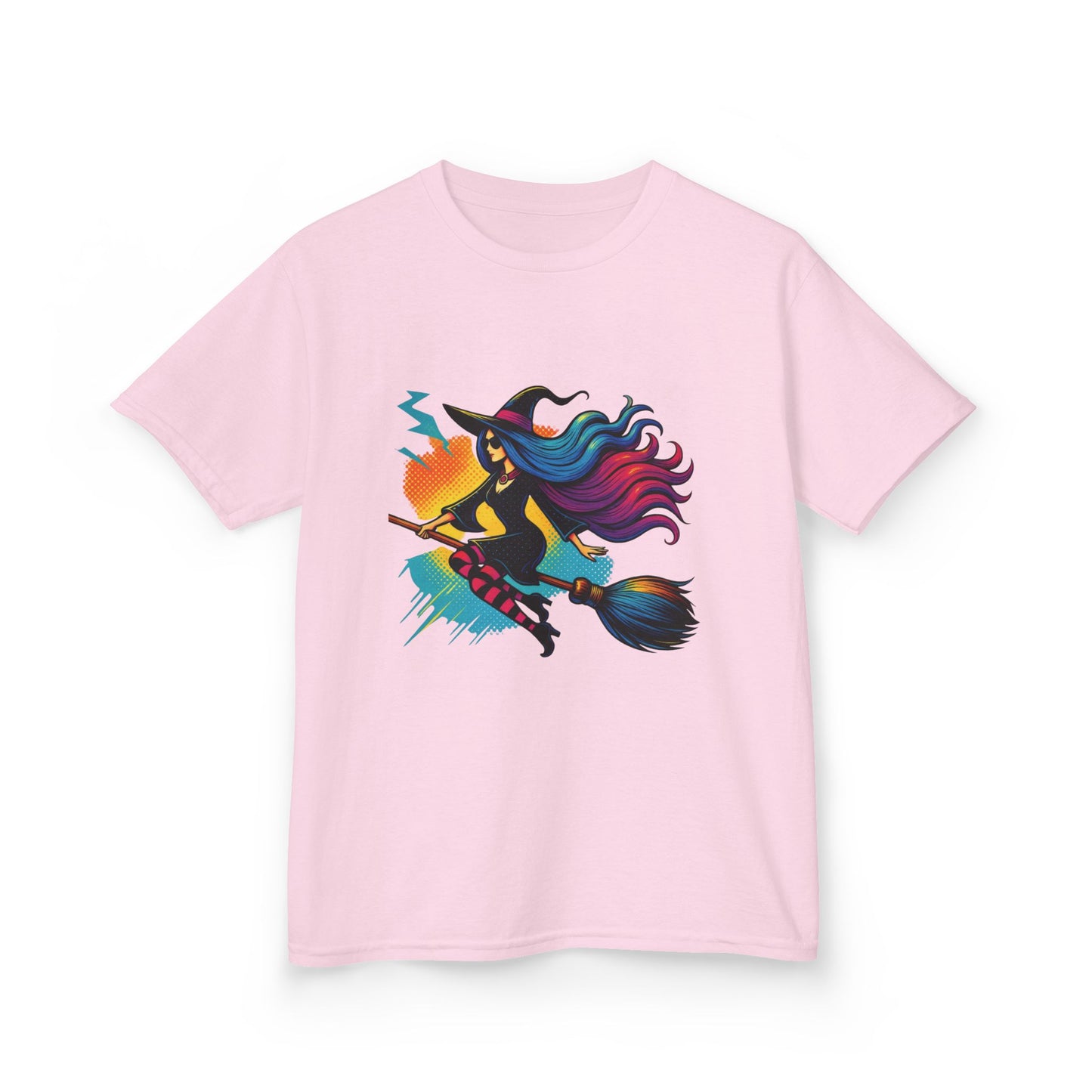 Girls Witch T-Shirt, Colorful Halloween Witch Graphic Tee for Kids, Fun Spooky Broomstick Shirt, Gift for Girls