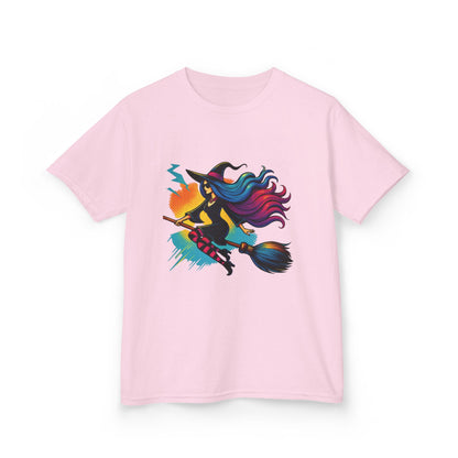 Girls Witch T-Shirt, Colorful Halloween Witch Graphic Tee for Kids, Fun Spooky Broomstick Shirt, Gift for Girls