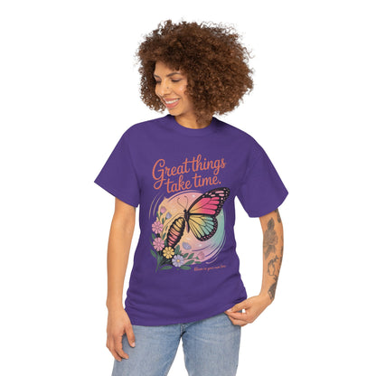 Butterfly Motivational Women's Heavy Cotton Tee, Great Things Take Time Shirt, Gift for Nature Lovers, Inspirational Apparel, Summer Outfit