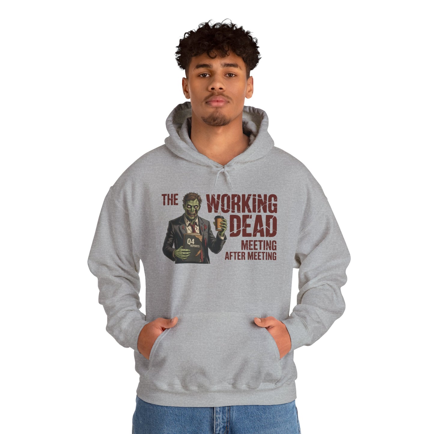 The Working Dead Men's Zombie Hoodie, Funny Office Meeting Sweatshirt, Men's Heavy Blend™ Hooded Sweatshirt, Halloween Work Humor Zombie top