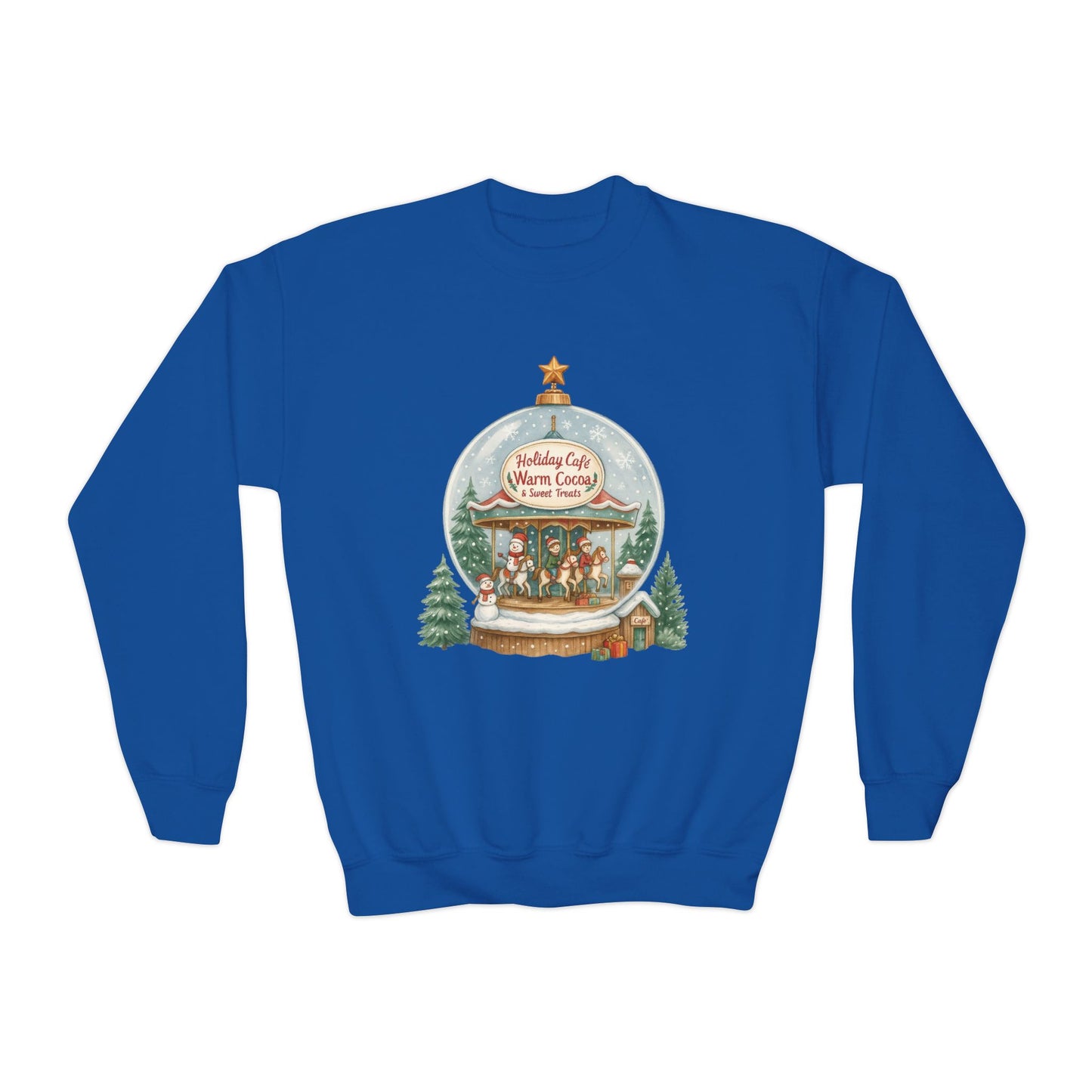 Youth Holiday Café Christmas Sweatshirt, Warm Cocoa Snow Globe Jumper