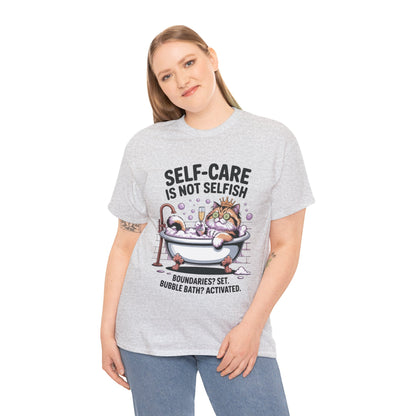 Womens Heavy Cotton Tee, Self-Care Cat Shirt, Funny Cat Bubble Bath Tee, Relaxing Kitty Graphic, Self Care Is Not Selfish Womens T-Shirt