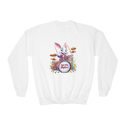 Easter Bunny Drummer Kids Sweatshirt - Cute Spring Crewneck for Children, Fun Easter Gift Colorful Bunny Playing Drums Design