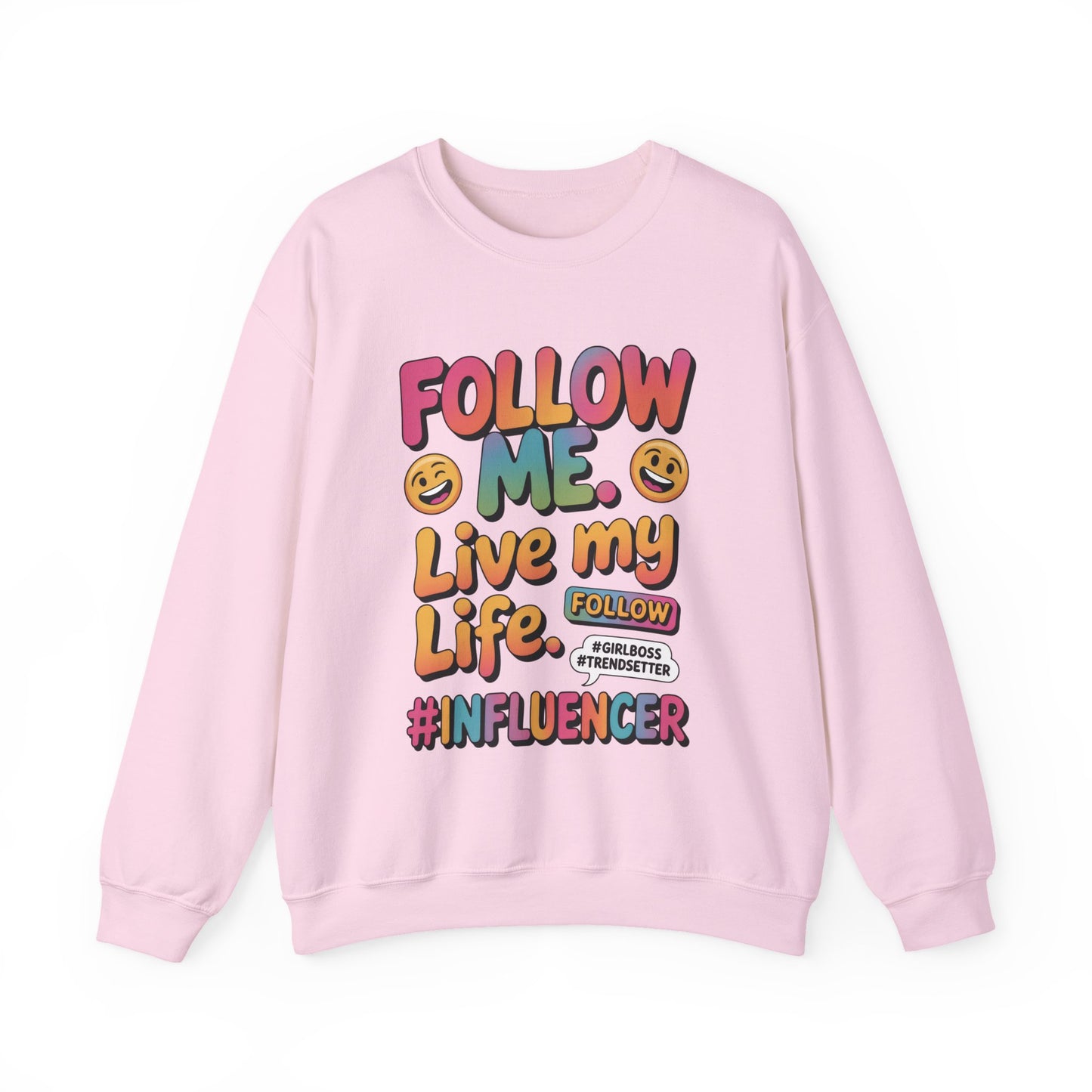 Womens Heavy Blend™ Crewneck Sweatshirt, Influencer Sweatshirt, Colorful Follow Me Live My Life Graphic Sweatshirt, Trendy GirlBoss Outfit