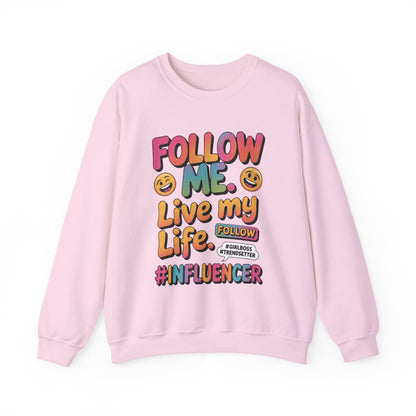 Womens Heavy Blend™ Crewneck Sweatshirt, Influencer Sweatshirt, Colorful Follow Me Live My Life Graphic Sweatshirt, Trendy GirlBoss Outfit