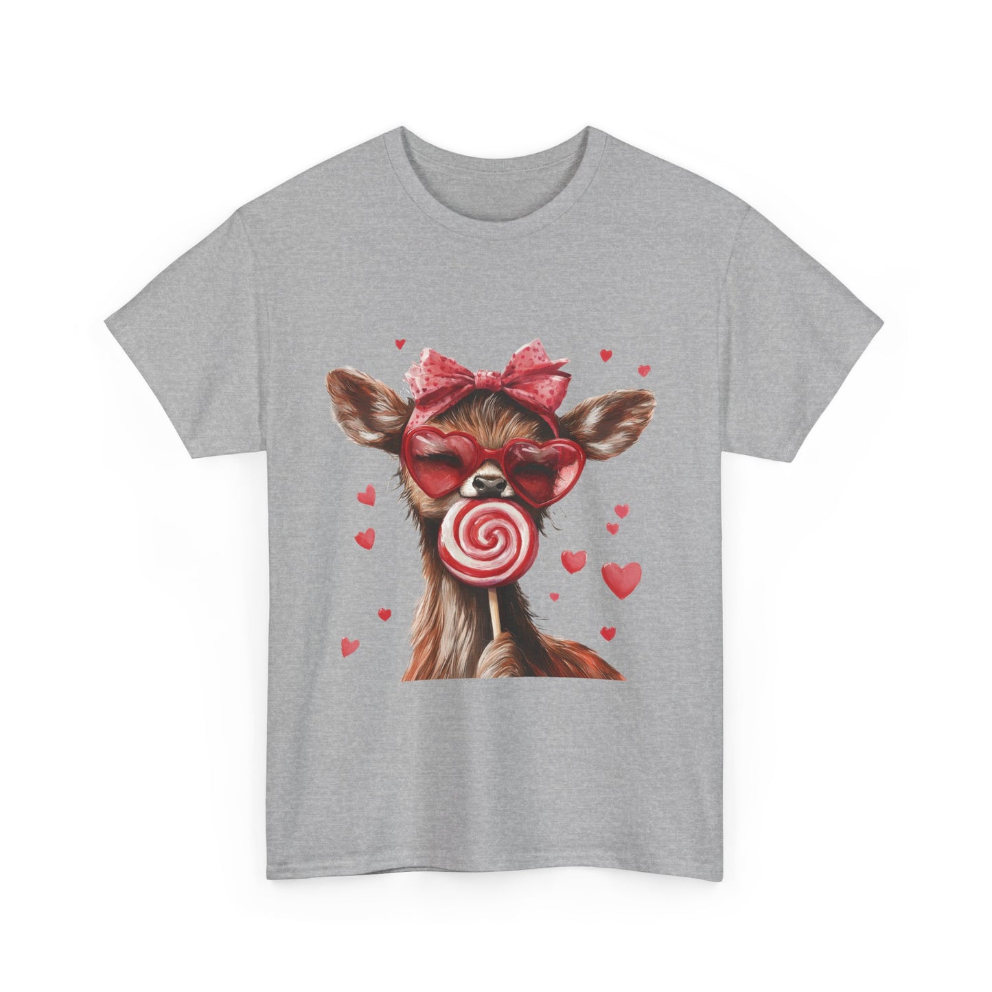 Cute Deer with Heart Glasses and Lollipop, Valentine's Day Heavy Cotton Tee, Fun Animal Love Shirt Gift for Her, Animal Lovers Shirt
