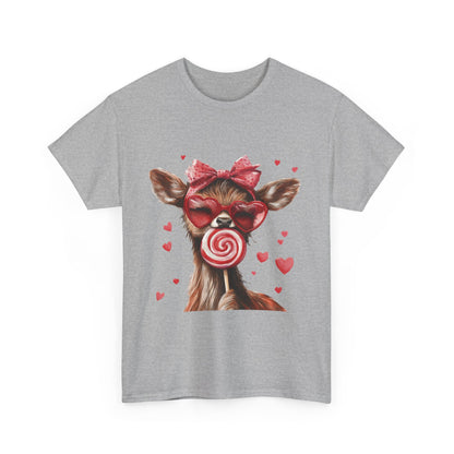 Cute Deer with Heart Glasses and Lollipop, Valentine's Day Heavy Cotton Tee, Fun Animal Love Shirt Gift for Her, Animal Lovers Shirt
