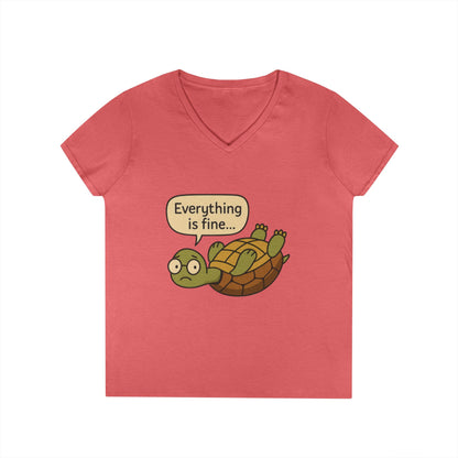 Cute & Comfy Turtle V-Neck T-Shirt - "Everything is fine..." design, Gift for Animal Lovers, Casual Wear, Fun Quotes, Positive message tee