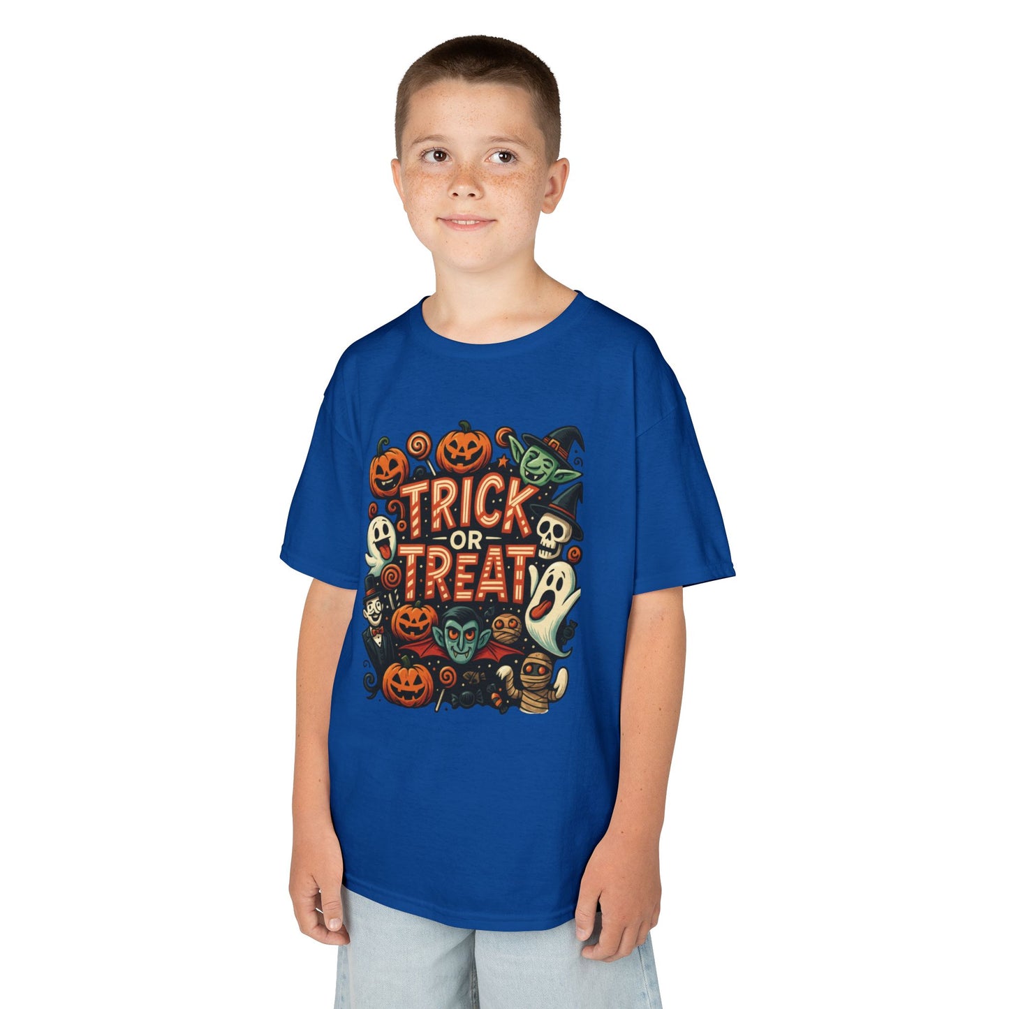Kids Trick or Treat T-Shirt, Halloween Graphic Tee with Pumpkins, Ghosts & Vampires, Fun Spooky Shirt for Children