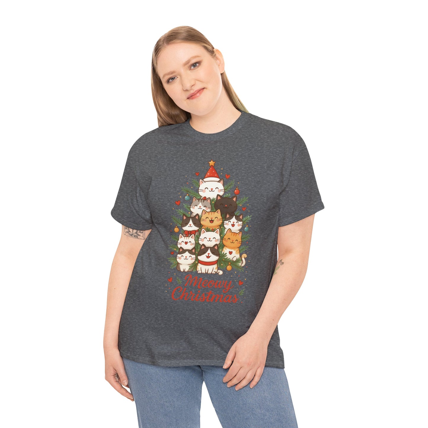 Women's Meowy Christmas Cat T-Shirt, Cute Holiday Kitty Tree Tee