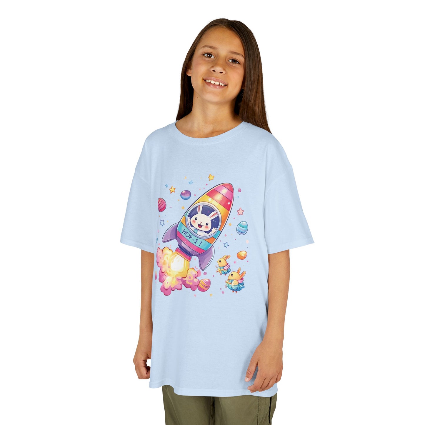 Easter Astronaut Bunny Kids T-Shirt - Cute Space Rocket Bunny with Colorful Eggs, Fun Spring Tee for Boys and Girls, Holiday Gift Idea